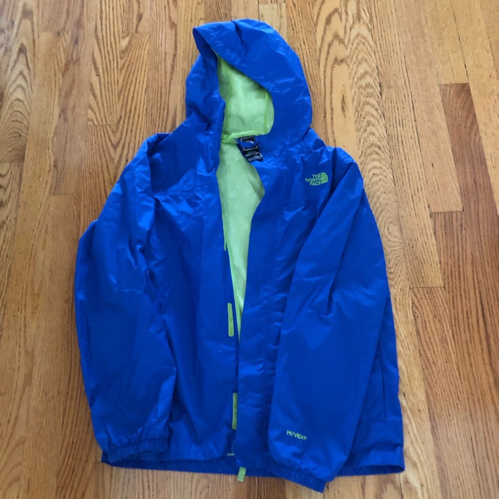 Kids NorthFace hyvent rain jacket in blue. Size Large